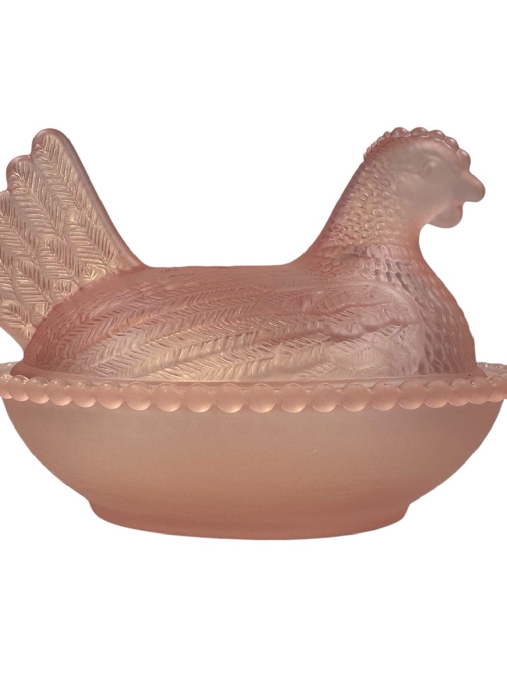 Rose’s Closet Pink Satin Glass Hen on Nest 3 1/2” tall 4 3/4” long New
